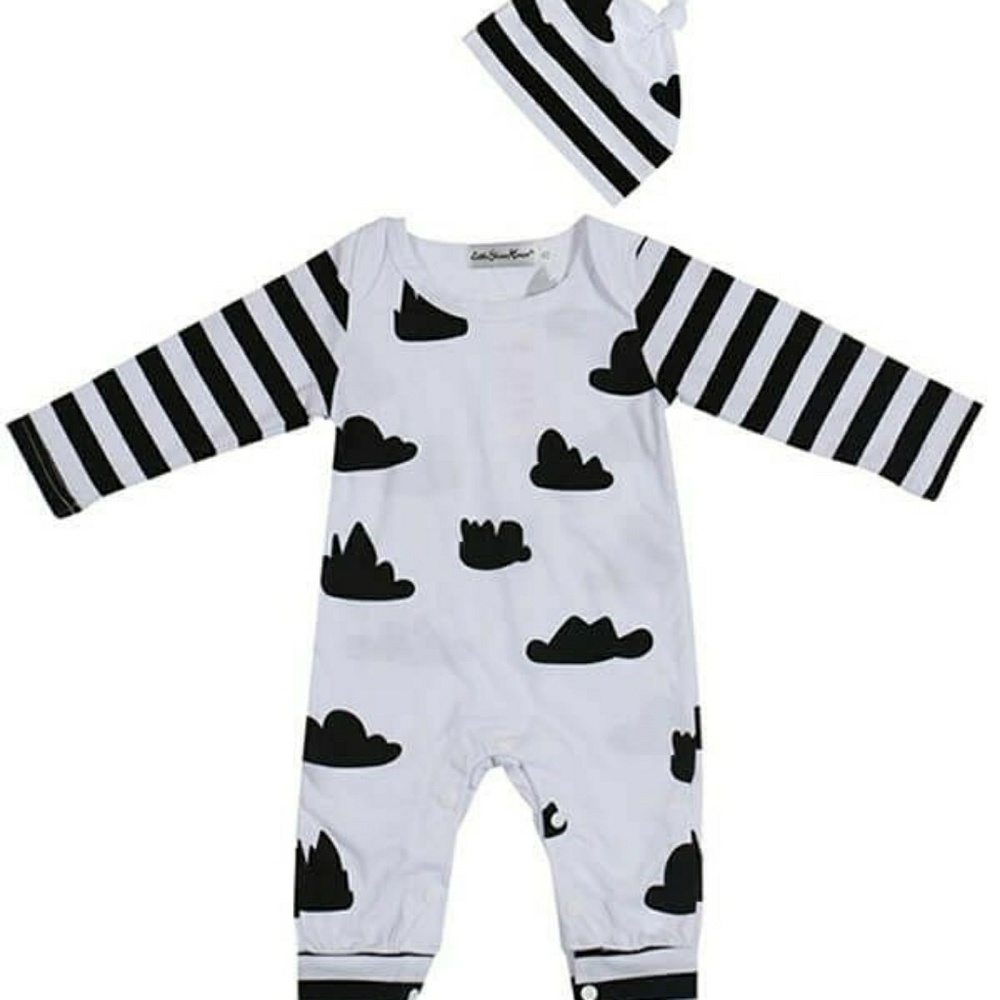 Clouds & Stripes Cotton Romper & Beanie Set